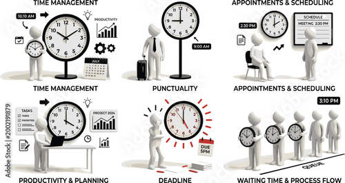 Time Management and Productivity 3D Illustration Set Featuring Punctuality Scheduling Deadlines Waiting Time and Workflow Planning Concepts