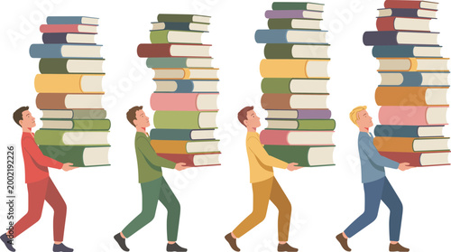 Vector illustration of people carrying tall stacks of colorful books symbolizing study burden, workload, and knowledge pursuit