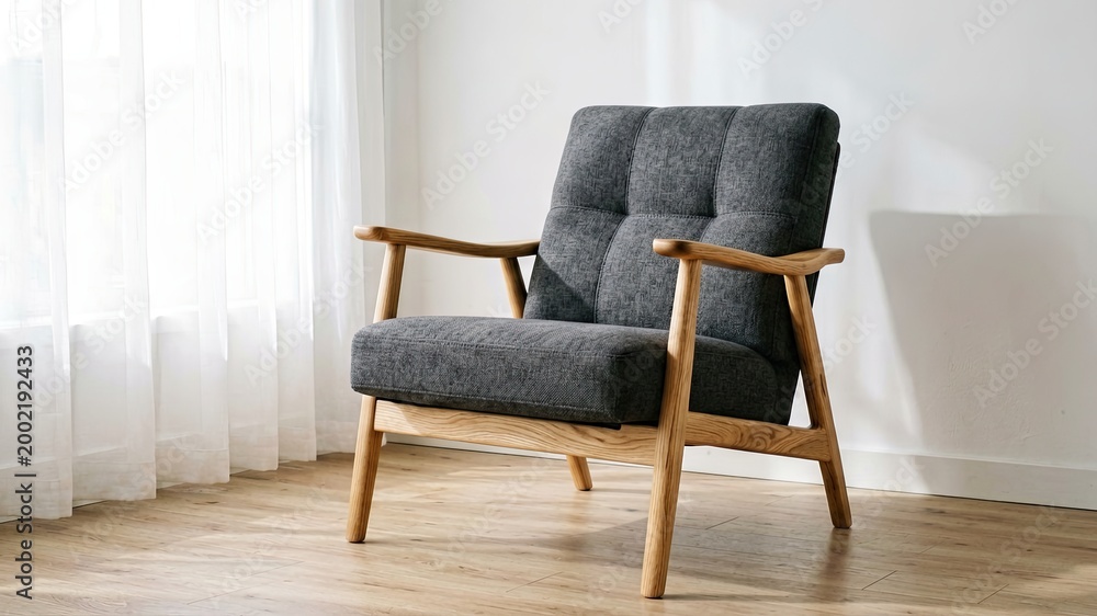 Naklejka premium Modern armchair with wooden frame and quilted upholstery in a bright, minimalist room with sheer curtains and wooden floor.