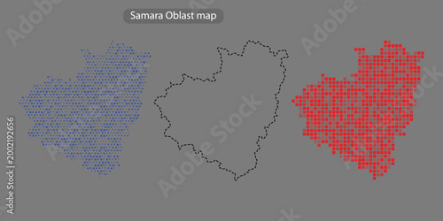 Samara oblast map in blue and red pixel mosaic on grey background with black outline