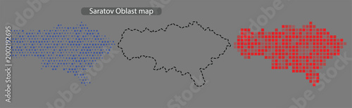 Saratov oblast map illustration with blue and red pixel art on grey background