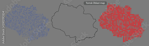 Tomsk oblast map in red and blue mosaic on gray background with black outline