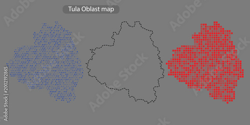Tula oblast map in blue and red pixel mosaic on gray background with black outline