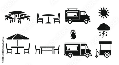 set of outdoor dining and weather icons silhouette high quality professional