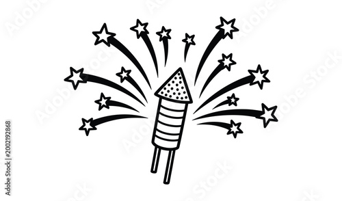 A black and white illustration of a firework with stars exploding