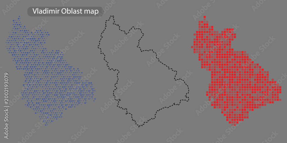 Fototapeta premium Vladimir oblast map with blue and red pixelated areas on gray background