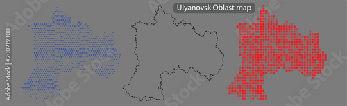 Detailed map of ulyanovsk oblast with blue and red pixel patterns on gray background