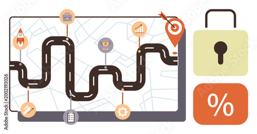 Business planning, financial security, data privacy, goal setting, navigation, progress tracking. Curved roadmap with milestones and goal icons, lock and percent symbol. Business planning financial