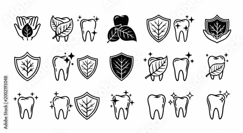 Dental care icons, tooth shield symbols, oral health illustrations, black and white vector graphics
