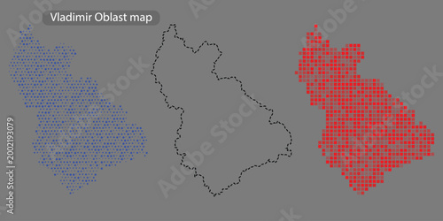 Vladimir oblast map with blue and red pixelated areas on gray background