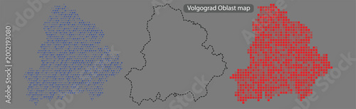 Volgograd oblast map in red and blue pixels on gray background with black outline