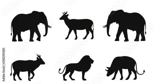 Collection of African Wildlife Silhouettes on White Background.