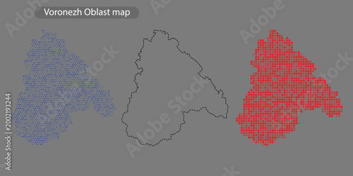 Voronezh oblast map with blue and red pixelated areas on gray background