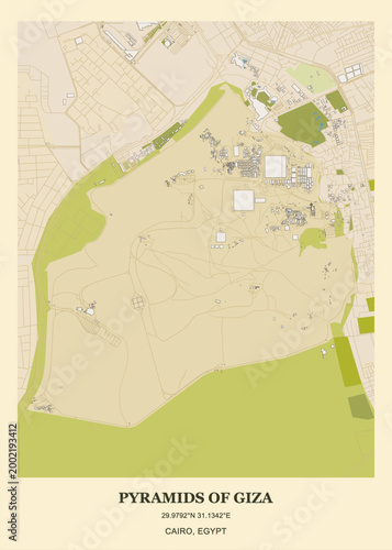Detailed architectural site map and layout of the Pyramids of Giza and the Giza Plateau in Cairo, Egypt.