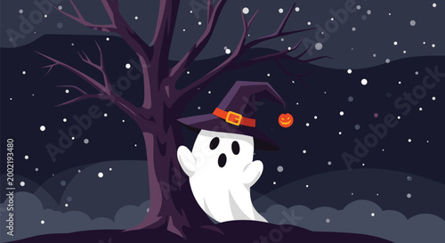 Friendly white ghost wearing witch hat hiding behind bare tree in spooky forest under falling snow during a dark night.