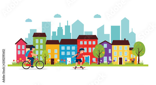 Colorful city street with children riding bicycle and skateboard in front of houses and distant tall skyscrapers.