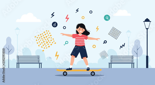 Young girl happily skateboarding in a public park with abstract geometric shapes and a serene park scenery background.