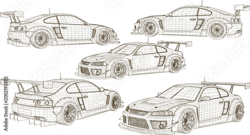 Billede på lærred Sports Racing Car Wireframe Illustration Set with Multiple Perspective Views Hig
