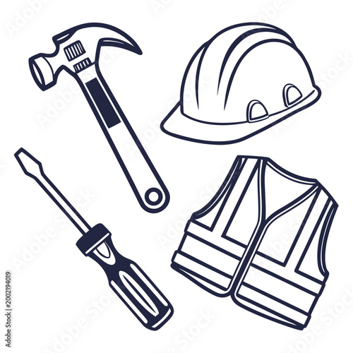 Foto Construction tools icon set including a hammer safety helmet screwdriver reflect