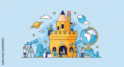 Pencil-shaped educational castle with tiny people engaged in various learning activities like reading and stargazing.