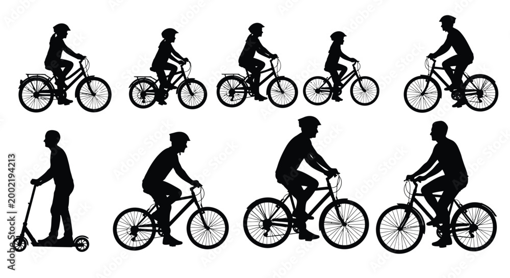 Fototapeta premium cyclists riding bicycles and scooter silhouette high quality professional detailed modern