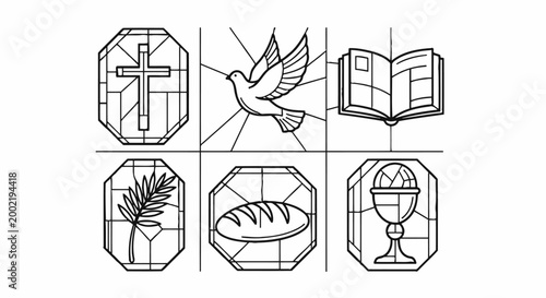 Christian, stained glass, icons set, 6 pieces, vector illustrations, religious symbols, cross, dove, bible, bread, wine, palm branch