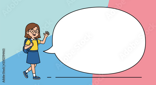 Schoolgirl with a blue backpack waving goodbye next to a large empty speech bubble on a dual-toned background.