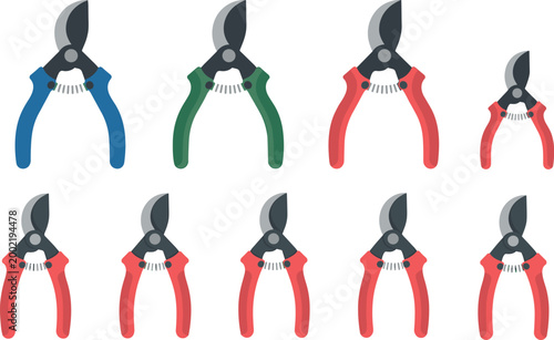 Vector illustration of pruning shears in different colors and sizes with curved blades and spring mechanisms