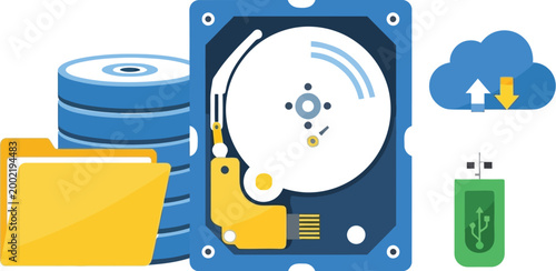 Hard drive disk with cloud storage and USB drive icons represent digital data management and secure file backup systems for business.