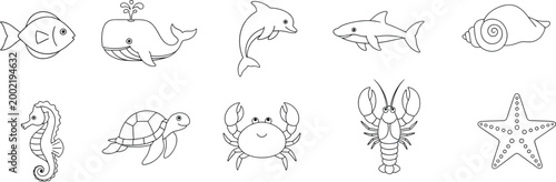 Collection of hand drawn cute sea animals and marine life icons for coloring