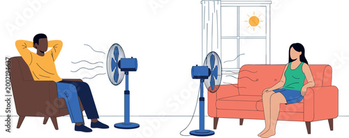 Illustration of People Using Fans for Cooling in a Hot Room, Ideal for Summer, Heat Relief, and Home Comfort Designs