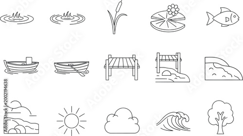 Collection of hand-drawn nature and water icons featuring boats, plants, and weather elements