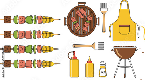 Barbecue Skewer and Grill Collection Featuring Kebab, BBQ Tools, Apron, Sauces, and Outdoor Cooking Equipment in Flat Design Style for Food Illustration.