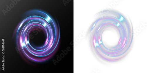 Glowing neon circular light rings vortex with blue pink energy swirl abstract futuristic loop effect isolated on black background
