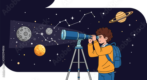 Curious boy uses a large blue telescope on a tripod to observe planets, stars, and constellations in the night sky.
