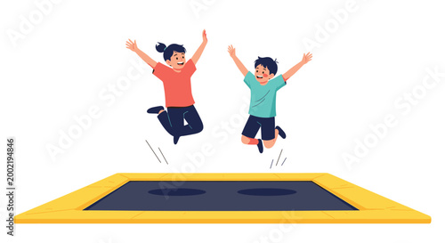 Energetic boy and girl experience the joy of flight while jumping high on a large backyard trampoline with yellow padding.