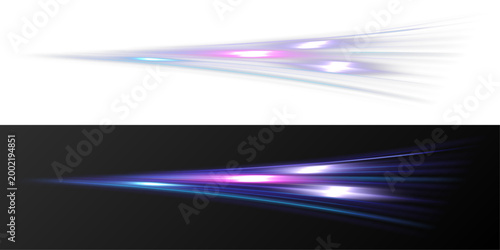 Neon speed light beam streaks with glowing blue and purple motion trails dynamic fast energy lines futuristic abstract effect isolated on black background