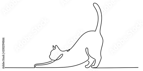 Continuous single line drawing of a cute cat stretching its body in a relaxed and playful pose for modern minimal artistic design Vector, illustration