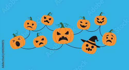 Group of various carved orange pumpkins with different scary and funny facial expressions for a festive halloween celebration.