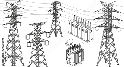 Electric Power Transmission Towers and Substation Equipment Line Art Set High Voltage Energy Infrastructure Vector Illustration Collection