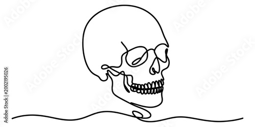 Minimalist human skull drawing made with one continuous black line showing a simple anatomical shape for artistic design projects Vector, illustration