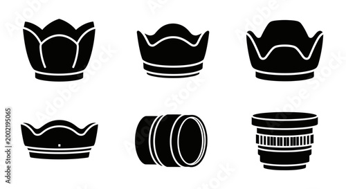 Set of Black Camera Lens Hood Icons: Tulip and Cylindrical Shapes