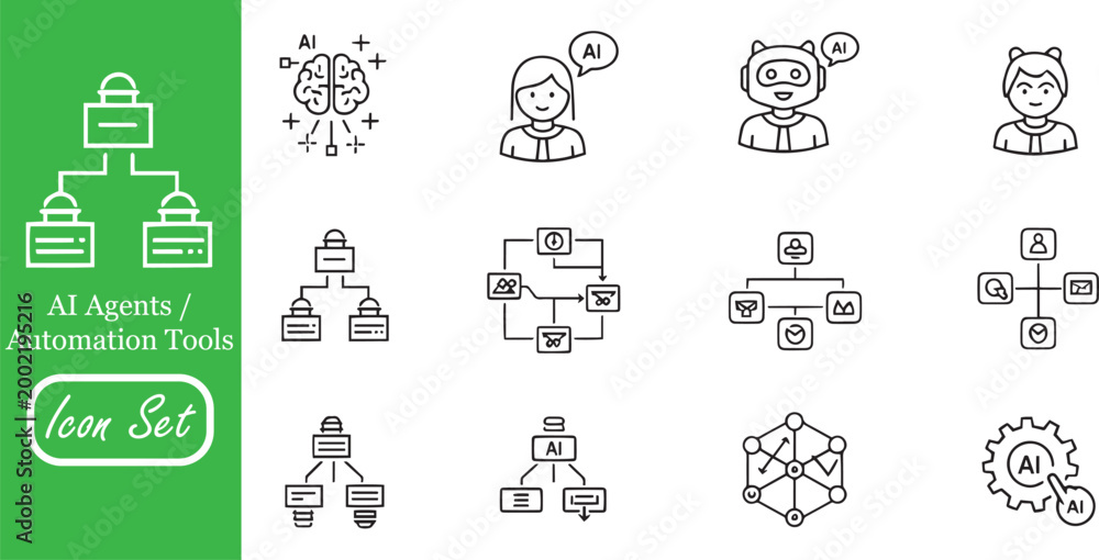 Fototapeta premium AI Agents and Automation Tools Icon Set: Autonomous AI Workflows, Neural Networks, Machine Learning Bots, and Intelligent Process Automation Linear Icons for Tech & SaaS UI