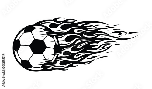 A black and white soccer ball with flames coming out of it