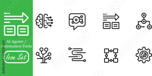 AI Agents and Automation Icons: Minimalist Vector Set for Autonomous Workflows, Artificial Intelligence Neural Networks, Machine Learning, and Smart Robotic Process Automation (RPA)
