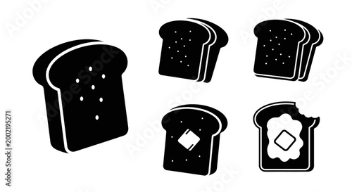 Black and White Toast Slices Icons: Whole, Buttered, Bitten, and Plain