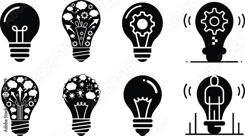 Creative light bulb idea icons set with innovation, thinking, startup concepts, technology symbols, brainstorming inspiration, and business solution vector collection