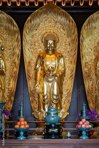 Canvas Print Golden Buddha in Meditation: A resplendent golden statue of Buddha stands in serene contemplation, a beacon of peace and enlightenment, within the ornate embrace of a temple sanctuary