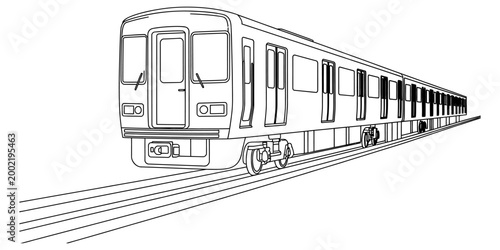 Black and white line art illustration of a modern commuter train moving on railway tracks showing a perspective side view angle Vector, illustration