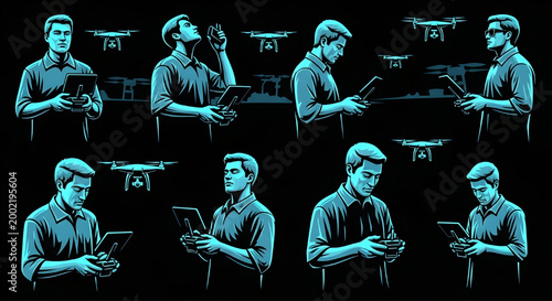 AutoCAD Drone Operator Vector Set – UAV Pilot Silhouette Remote Control Blueprint Cyan Outline on Black Background